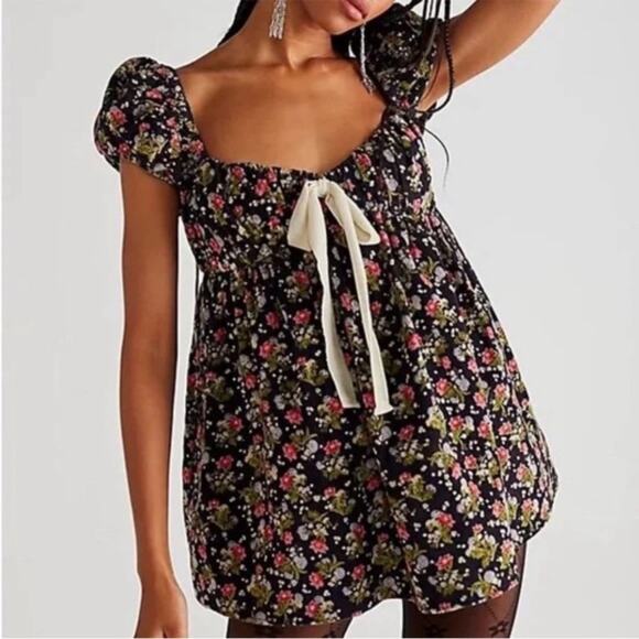 Free People Gaia Print Floral Tunic Mini Dress Black Corduroy size small - Picture 1 of 11